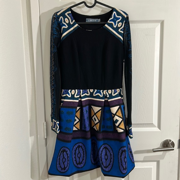 Lulu-H dress sheer sleeves, blue, yellow, purple patterns. - Picture 1 of 2